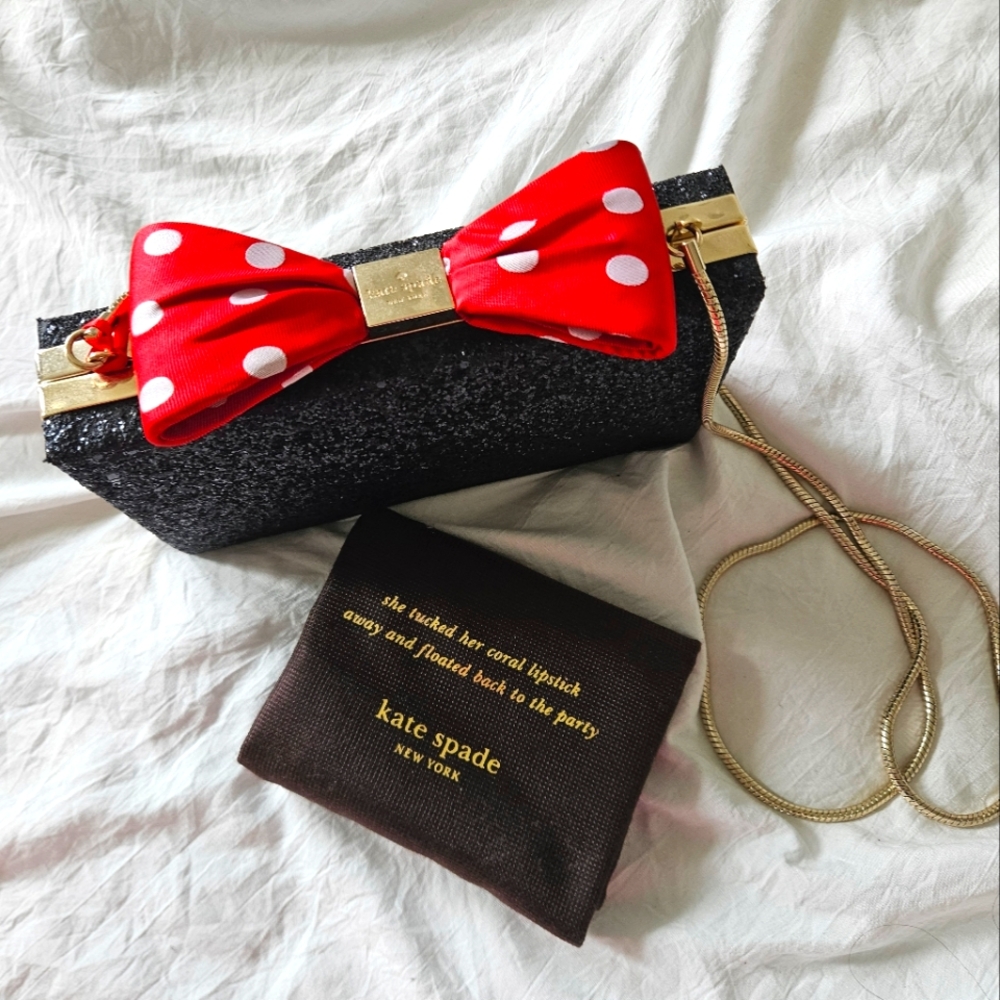 Kate Spade Black Glitter Clutch with Red Polka Dot Bow